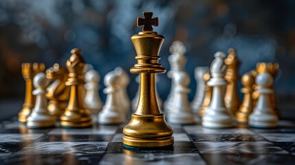 Golden King Chess Piece Surrounded by Toppling White Pawns Illustrating Challenges in Leadership