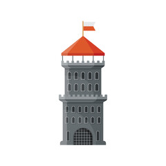 Castle tower icon in flat style. Medieval citadel vector illustration on isolated background. Stronghold building sign business concept.