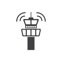 Flight control tower icon in flat style. Navigation monitor vector illustration on isolated background. Airport building sign business concept.