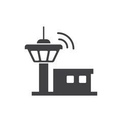 Flight control tower icon in flat style. Navigation monitor vector illustration on isolated background. Airport building sign business concept.