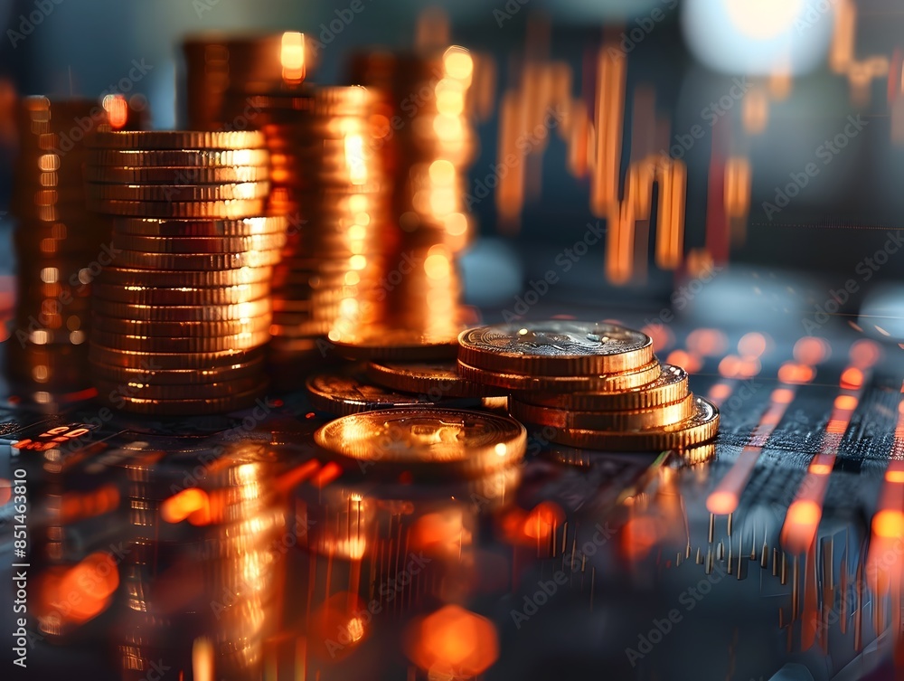 Poster flourishing financial strategies highlighted by illuminated bar graph with foregrounded coins