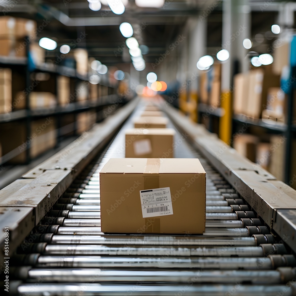 Aufkleber efficient logistics in a modern distribution warehouse cardboard boxes on conveyor belt display e co