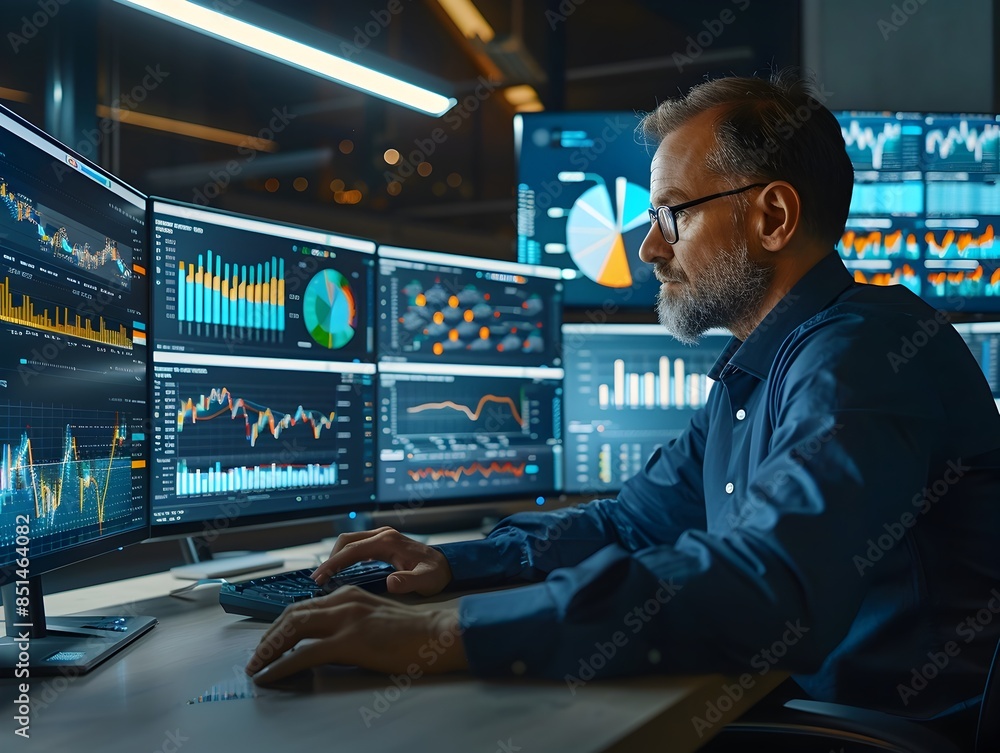 Poster financial analyst reviewing complex charts and data across multiple monitors for business and work c