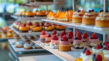 Tempting Dessert Assortment Showcased in Elegant Bakery Display