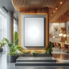A room style interior set design with A large rectangular empty white frame and plants.