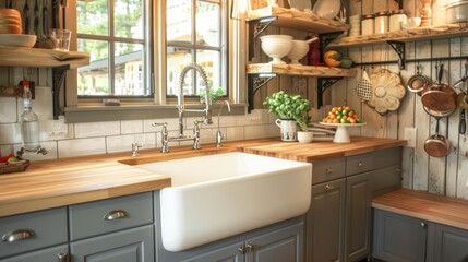 cozy, rustic kitchen with a farmhouse sink, butcher-block countertops, and open shelving for a warm and welcoming cooking environment