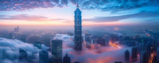 Fototapeta premium A towering skyscraper piercing the clouds, its glass facade reflecting the city lights.