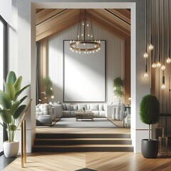 A room style interior set design with a large window and a large picture frame decoration informative creative professional.