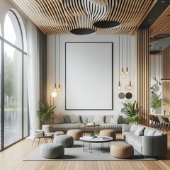 A room style interior set design with a large window and a large sofa and a table optimized.