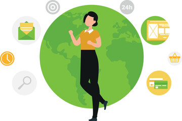 The girl stands before the globe.