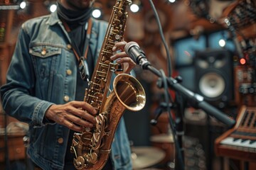Obraz premium A man playing a saxophone in a studio with a microphone