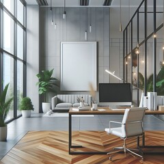 A room style interior set design with a large window and a large table with a tv and plants unique creative engaging.