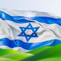 A vibrant image of the Israeli flag, prominently displaying the blue Star of David in the center against a white background with two horizontal blue stripes at the top and bottom. 