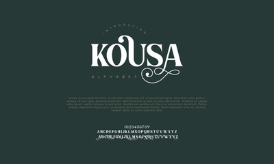 Kousa premium luxury elegant alphabet letters and numbers. Vintage wedding typography classic serif font decorative vintage retro. creative vector illustration