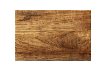 A top view of a rectangular wooden cutting board with natural grain patterns, isolated on a transparent background.