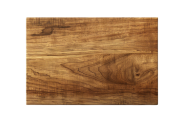 A top view of a rectangular wooden cutting board with natural grain patterns, isolated on a transparent background.