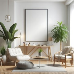 A room style interior set design with a white wall and a white chair and a table Vibrant informative.