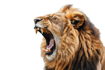 Close-up of a roaring lion with a mane, showcasing its fierce expression and sharp teeth against a black background.