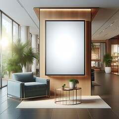 A room style interior set design with a large poster and a table informative.