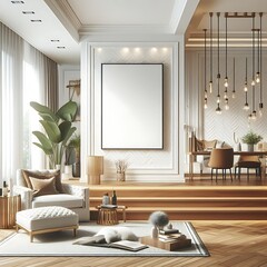 A room style interior set design with Modern commercial building interior with A large blank white screen frame creative unique highquality.