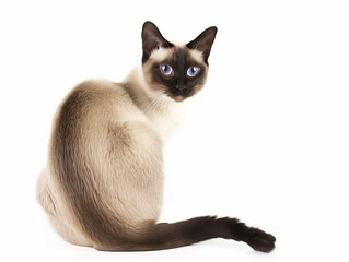 Full body shot of Siamese cat, sitting,  looking around curiously.