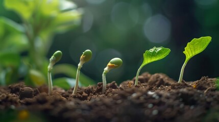 Close-up of plant growth stages, seedlings sprouting from soil in natural light, symbolizing development and new beginnings.