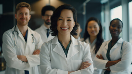 Fototapeta premium Multiethnic smiling healthcare workers with arms folded at a clinic