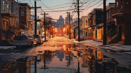 Christmas lights reflecting on a snowy street