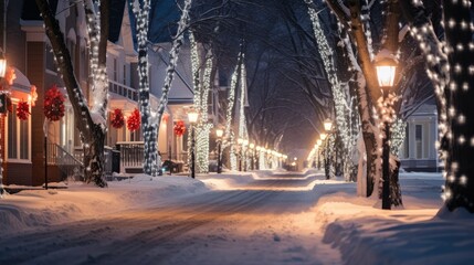 Christmas lights reflecting on a snowy street