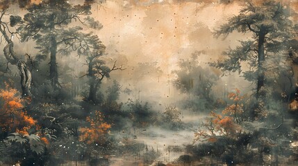 Autumnal Forest Landscape with Misty Atmosphere