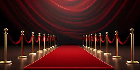 3D Red carpet with ropes isolated on dark background