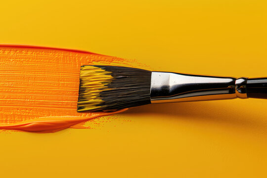 Close-up of a paintbrush with a thick glob of orange paint on a yellow background.