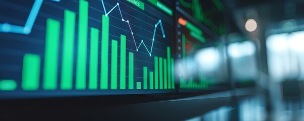 Close-up of digital financial data screen displaying bar and line charts with green and blue highlights, representing stock market analysis.