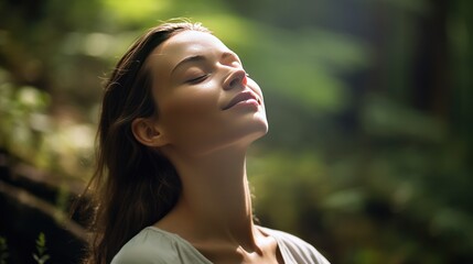 a relaxed woman, eyes closed, breathing fresh air in a green forest 