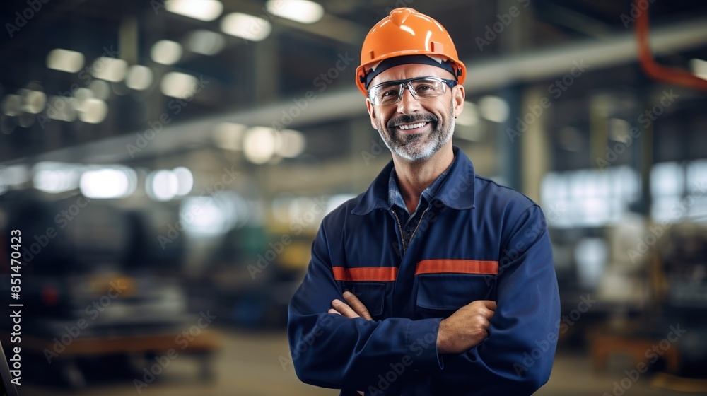 Poster an architect in uniform standing and smiling at a factory.