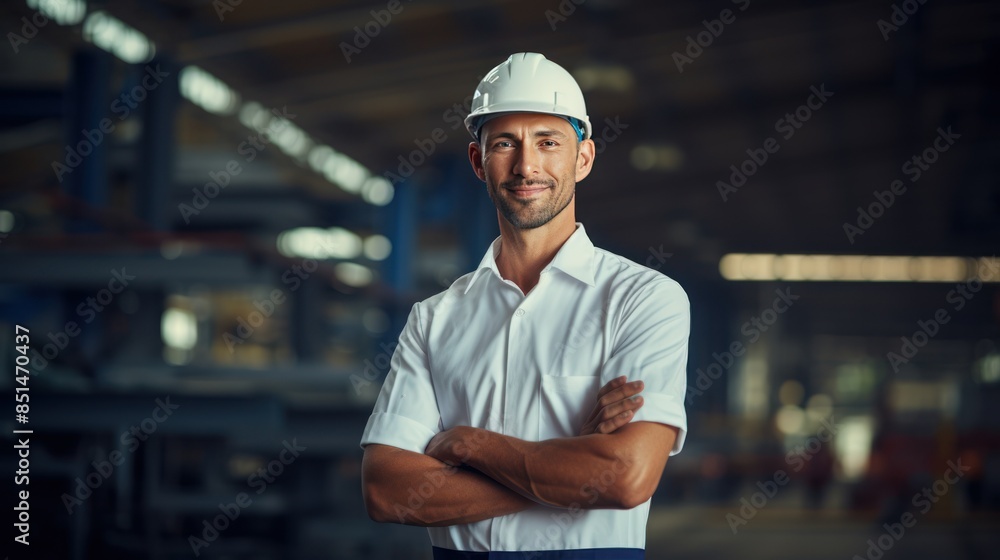 Poster an architect in uniform standing and smiling at a factory.