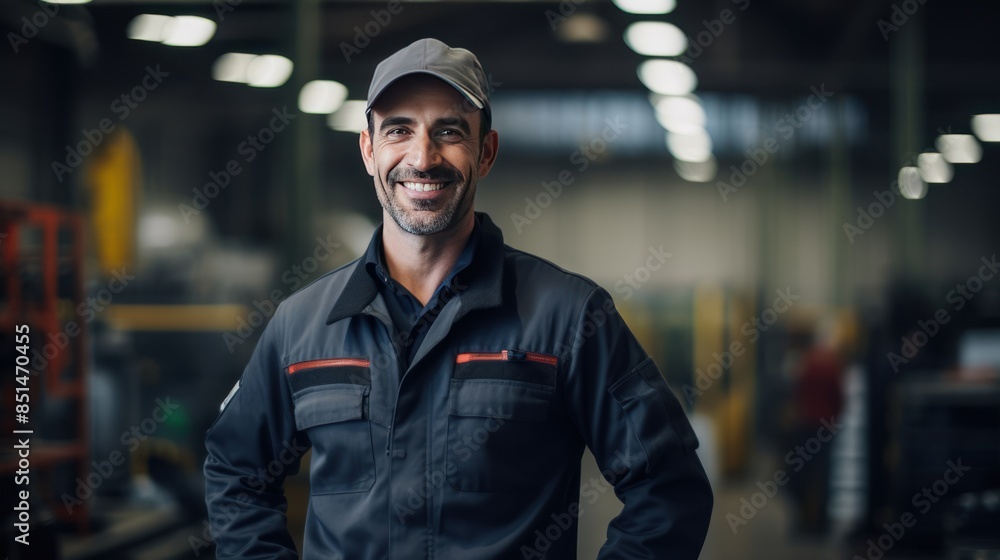 Poster an architect in uniform standing and smiling at a factory.