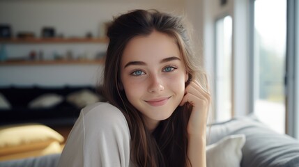 Obraz premium Portrait of Teenager woman smiling and looking to camera 