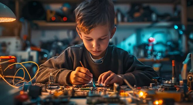 Portrait of a smart schoolboy soldering in the evening at home