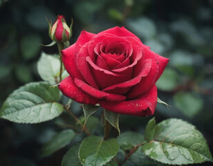 Una rosa rossa in un giardino botanico, circondata da altre piante esotiche.