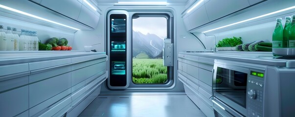 Modern futuristic kitchen with sleek design, smart appliances, and a view of nature. Clean and minimalistic space for cooking and living.