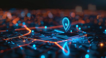 Digital Map with Location Pin and Blue Orange Glowing Pathways