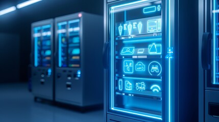 Futuristic vending machines with blue neon lights displaying various products in a high-tech setting.