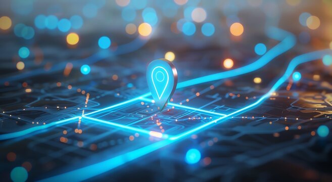 Digital Map with Location Pin and Blue Orange Glowing Pathways