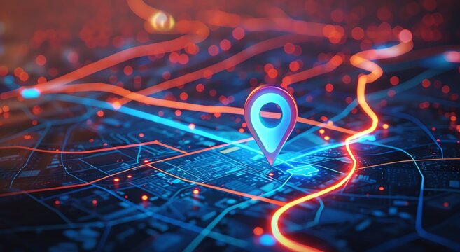 Digital Map with Location Pin and Blue Orange Glowing Pathways