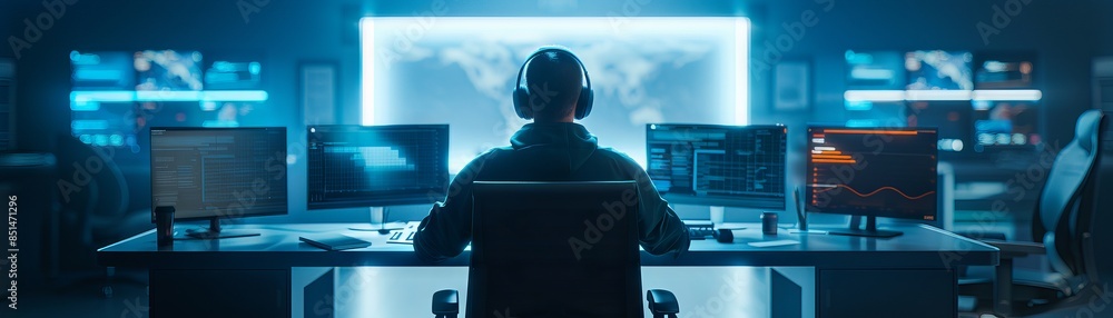 Poster rear view of a person wearing headphones, monitoring multiple computer screens in a dark room with a