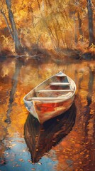 Serene autumn scene with an empty rowboat on a still lake surrounded by vibrant fall foliage reflecting in the calm water.