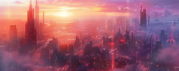 Fototapeta premium A bustling cyberpunk city, its neon-lit skyscrapers piercing the smog-filled sky.