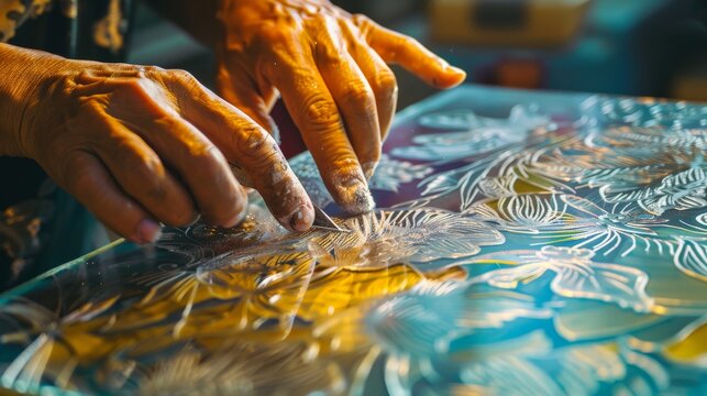 Craftsman's hands intricately carving beautiful floral patterns on glass, showcasing skill and attention to detail in a vibrant workshop setting.