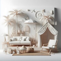 A white room with furniture and palm trees creative informative engaging.